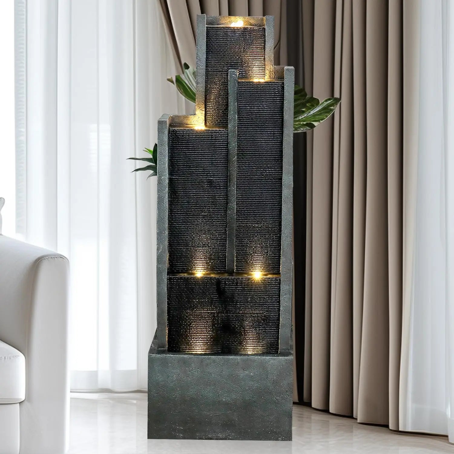 Water Fountain-LED Lights, Garden Water Fountain, 5-Tier, 50.7 in Floor Standing, Cascading Feature, Deck Patio, Porch, Yard