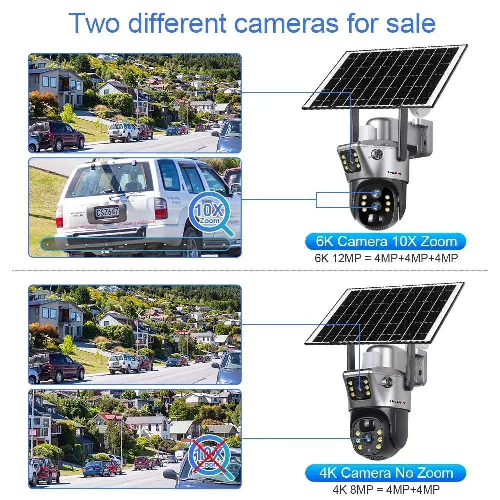 Home Security: Camera: LS VISION 12MP 10X Zoom Dual Screen Solar Camera 6K Ultra HD | Outdoor Surveillance | 4G/WiFi | Three-Lens System | Human Auto Tracking | V380 Pro App