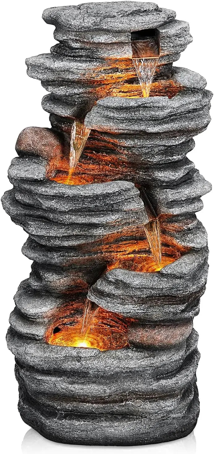 Water Fountain-LED Lights, 5-Tier Cascading Rock Waterfall,  40 in Tall, Outdoor, Natural Rock Look