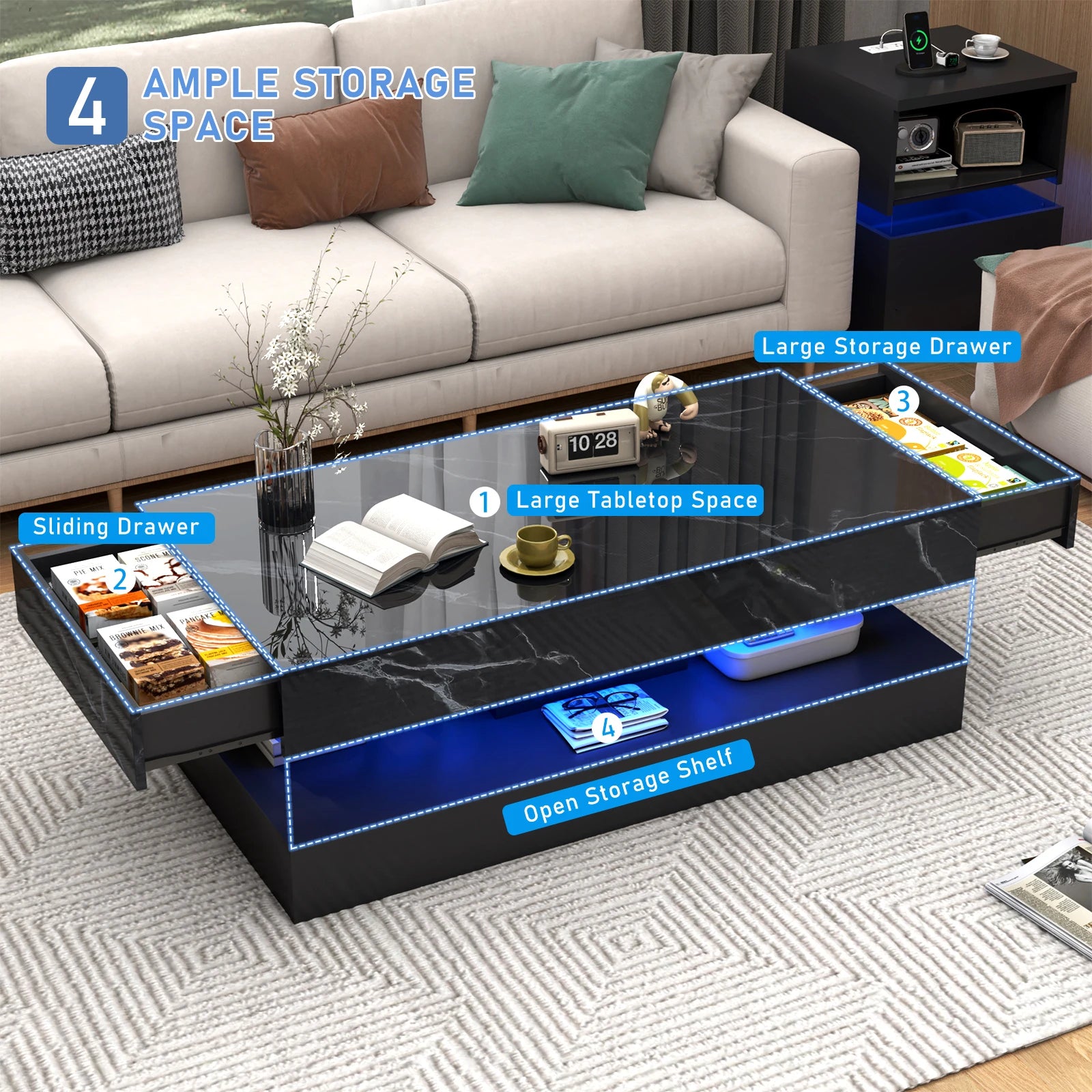 Coffee Table-Modern Stylish Coffee Table with LED lights, Double-Layer Design for Living Room Coffee Table with 2 Storage Drawers