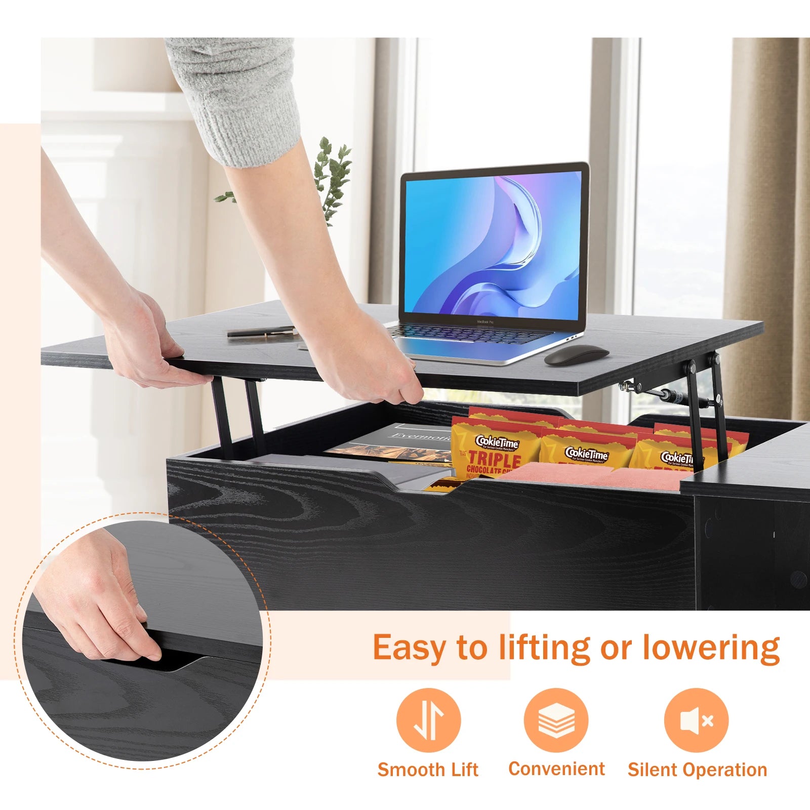 Coffee Table - Adjustable Lift-Top by JHK – Multifunction Tea & Dining Table with Hidden Storage
