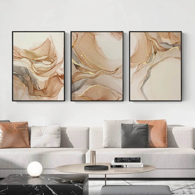 Canvas Wall Art – Modern Nordic Marble – Beige & Gold Abstract for Home or Office