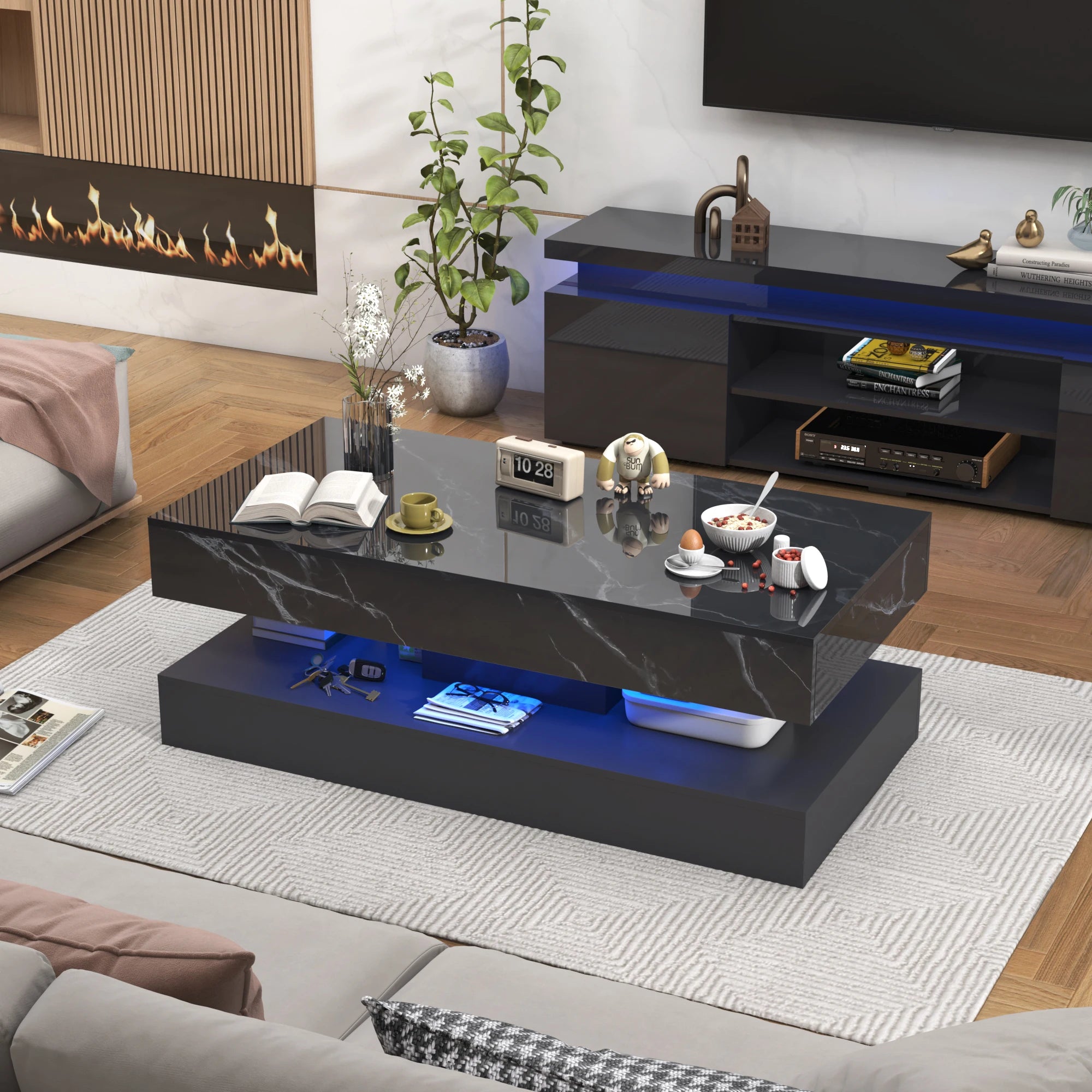 Coffee Table-Modern Stylish Coffee Table with LED lights, Double-Layer Design for Living Room Coffee Table with 2 Storage Drawers