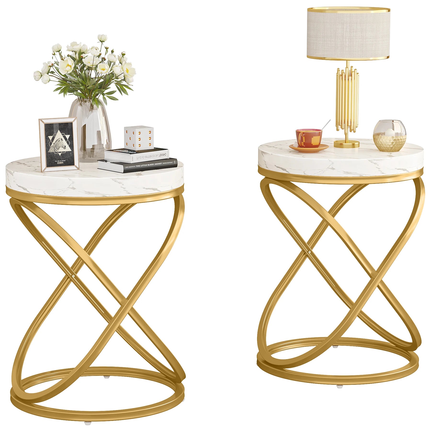 Tribesigns 26 Inches White and Gold Faux Marble Top End Tables Living Room, Round Nightstands Sofa Side Table with X-Shaped