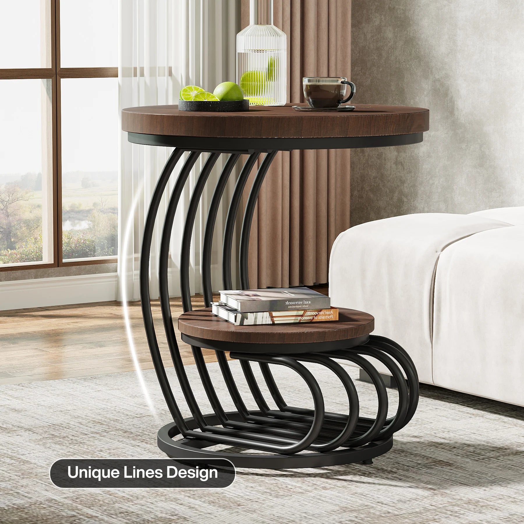 End Table-Tribesigns Gold Round Table, 2 Tiers Faux Marble Side Table, Table with Storage Shelf, Modern White Gold Bedside Table