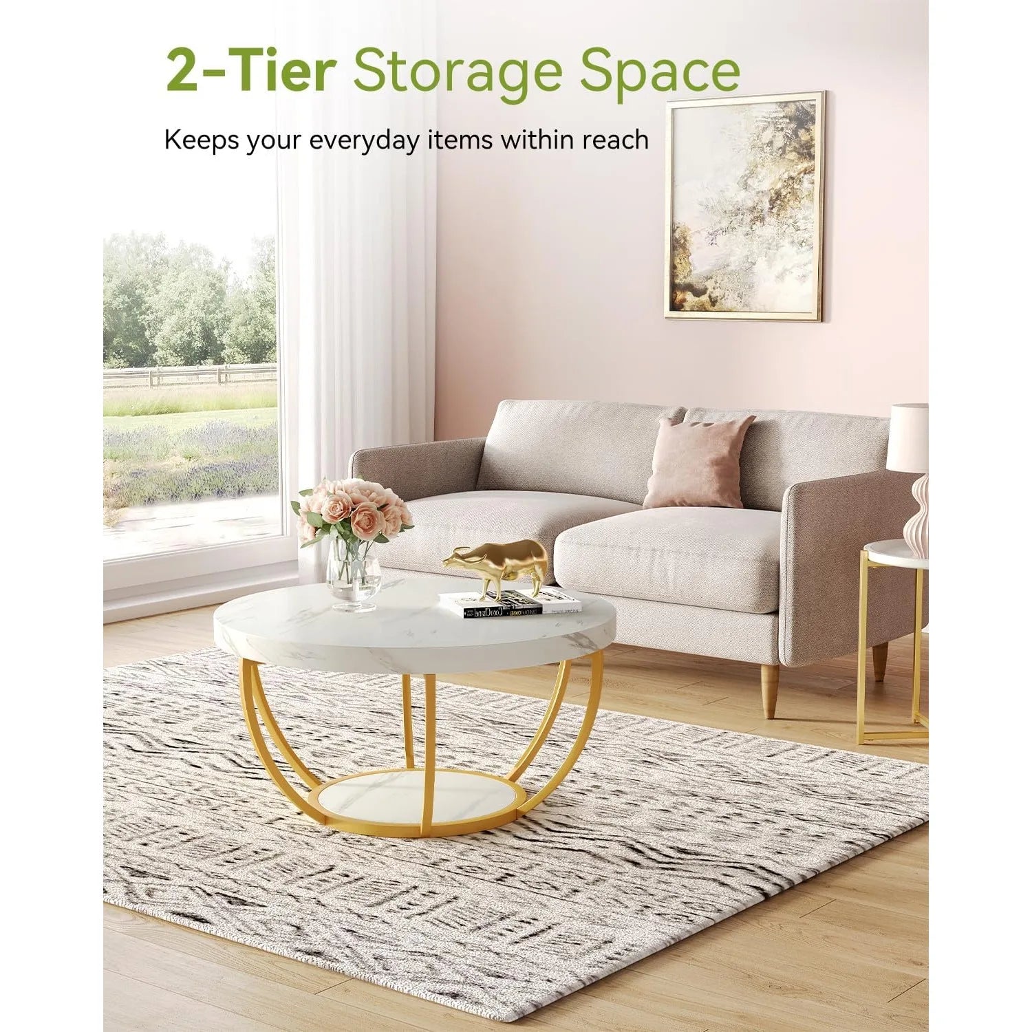 Accent Table-Circle Marble 32 inch – Modern Stylish 2-Tier Center Table with Golden Frame for Living Room