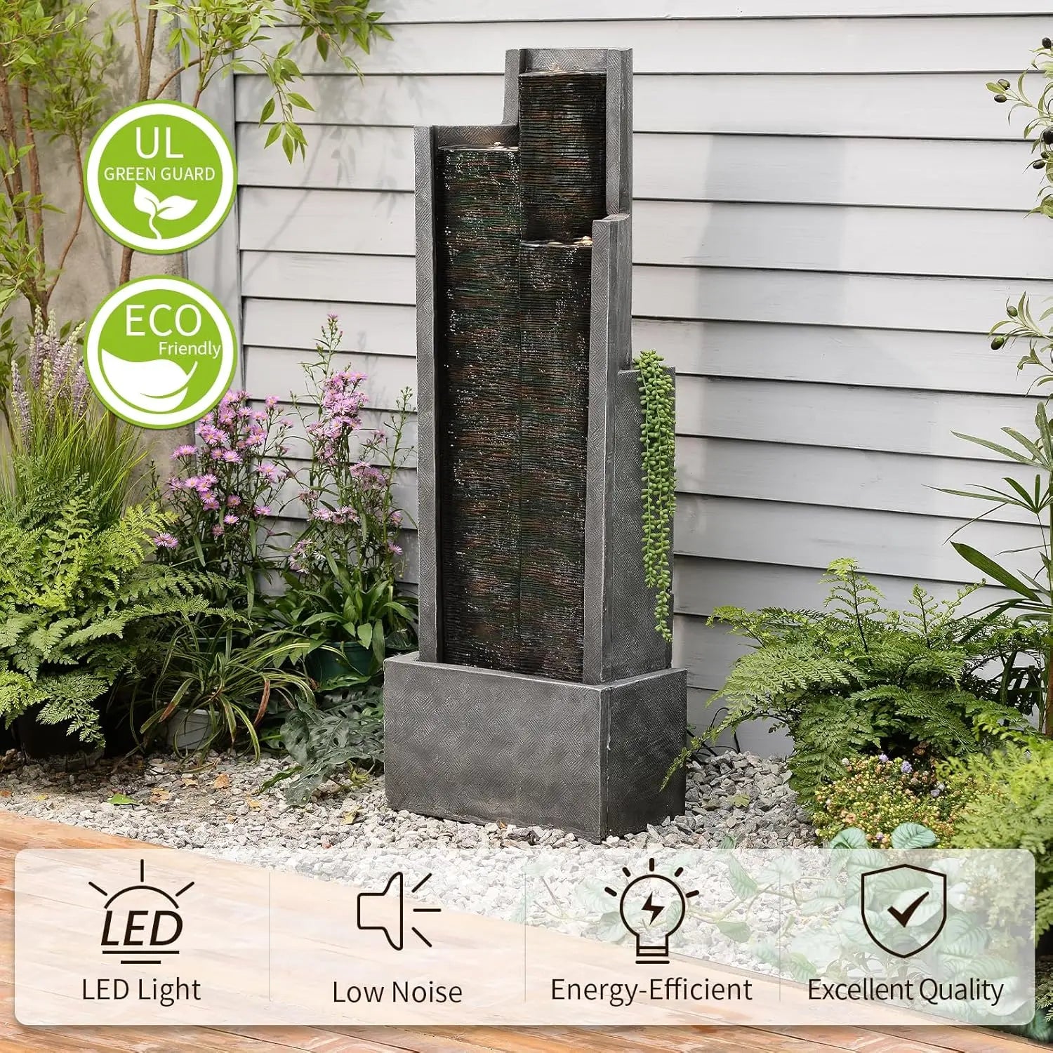 Water Fountain-49.6" H Garden Fountain Outdoor Modern Cascading Indoor Water Fountain Tall Floor - Standing Fountain with Lights, Customized