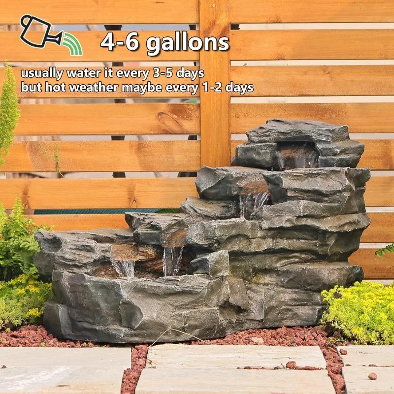 Water Fountain-Garden Outdoor Water Fountain, LED Lights, 37" L Floor Standing, 5-Tiers Rock Natural Waterfall, Outdoor Fountains with  for Patio,