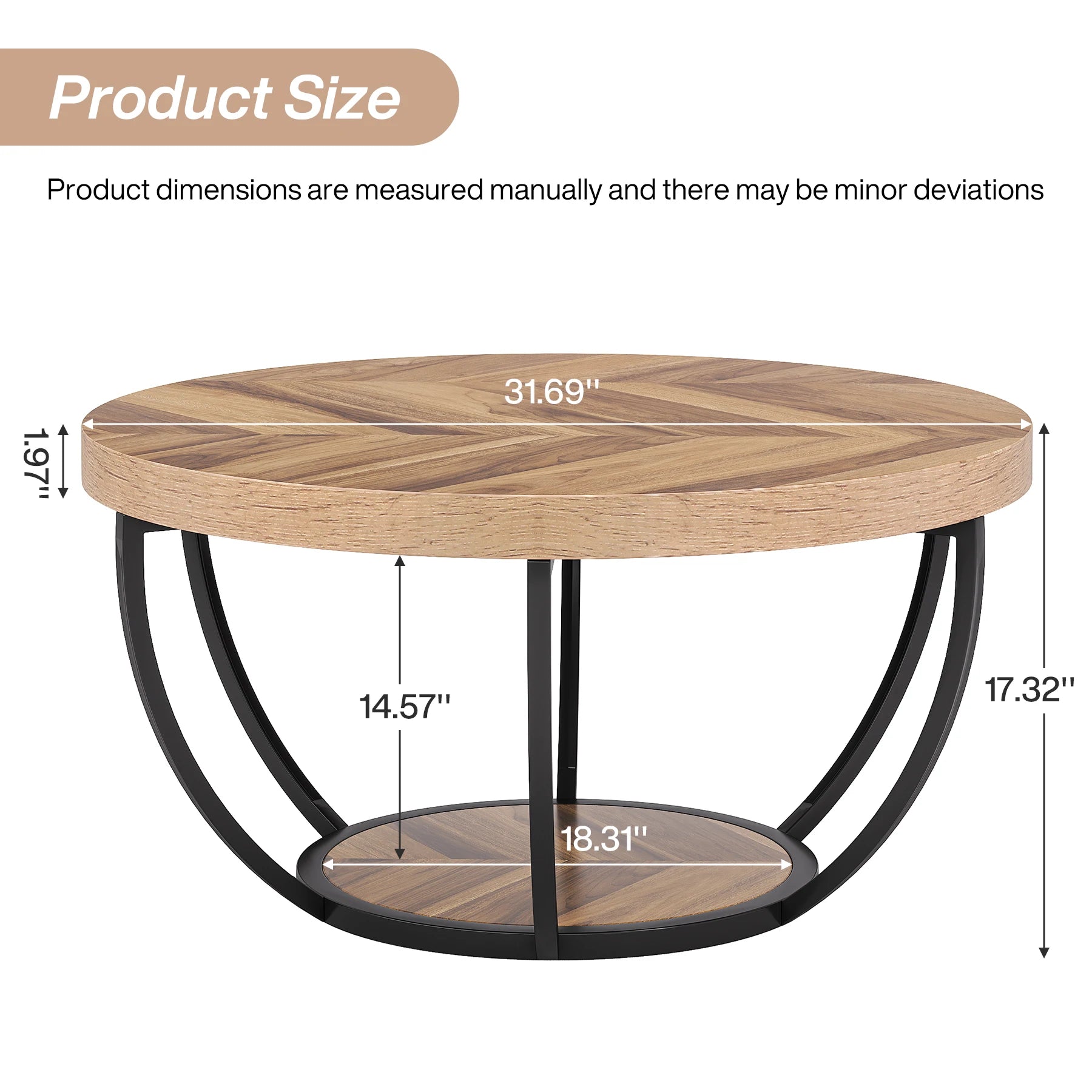 Coffee Table-Tribesigns 31.7 inch Round Coffee Table, Industrial 2-Tier Circle Coffee Table with Storage Shelves, Modern Wooden Accent Table