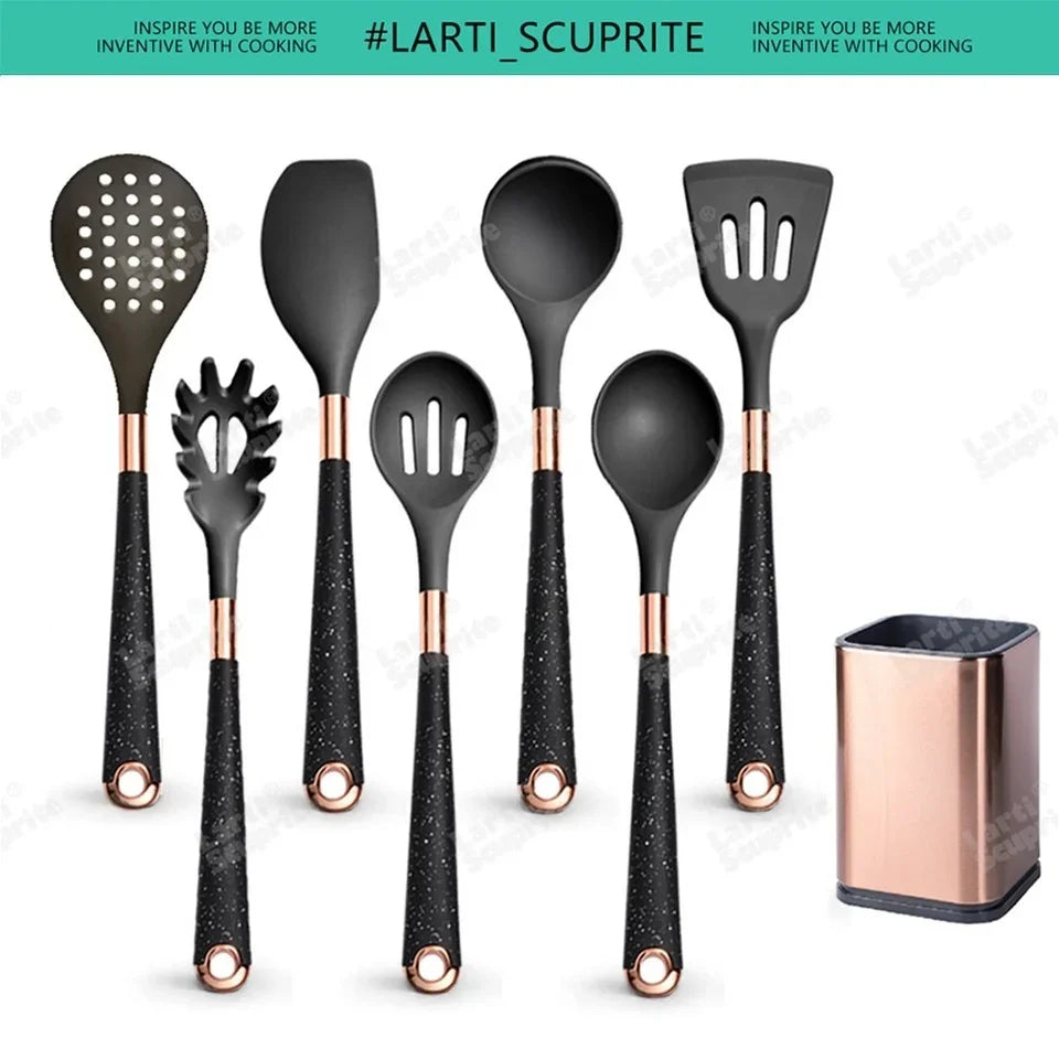 Kitchen- Heat-Resistant Silicone Cooking Set with Gold-Plated Handles – BPA-Free Kitchen Gadgets