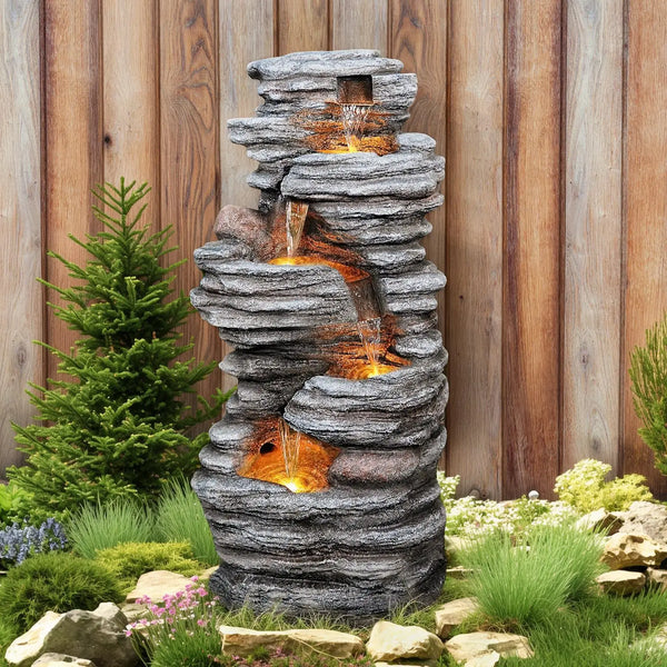 Water Fountain-LED Lights, 5-Tier Cascading Rock Waterfall,  40 in Tall, Outdoor, Natural Rock Look