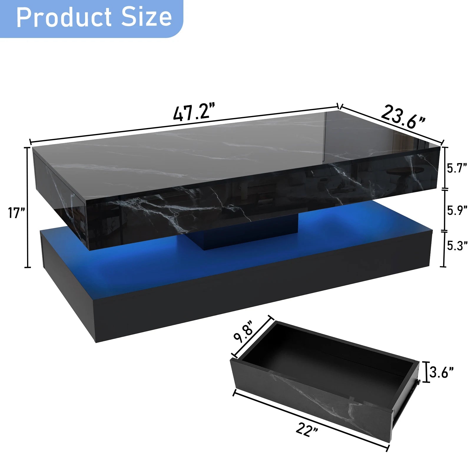 Coffee Table-Modern Stylish Coffee Table with LED lights, Double-Layer Design for Living Room Coffee Table with 2 Storage Drawers