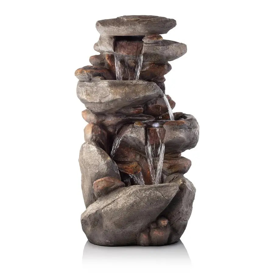 Water Fountain-LEDs Lights-White, Rock Floor, 4 Tier Cascading, Tranquil Outdoor Water Feature, Garden, Patio, Yard
