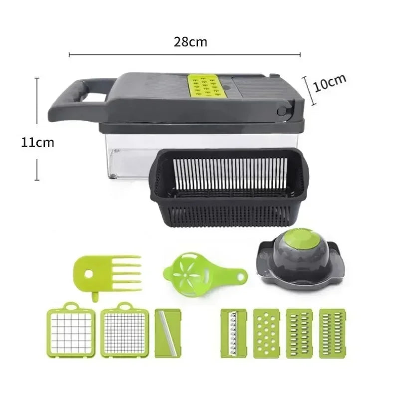 Kitchen-Multifunctional Vegetable Chopper & Slicer 14/16-in-1 with Basket – Shredder & Grinder for Fruits & Veggies