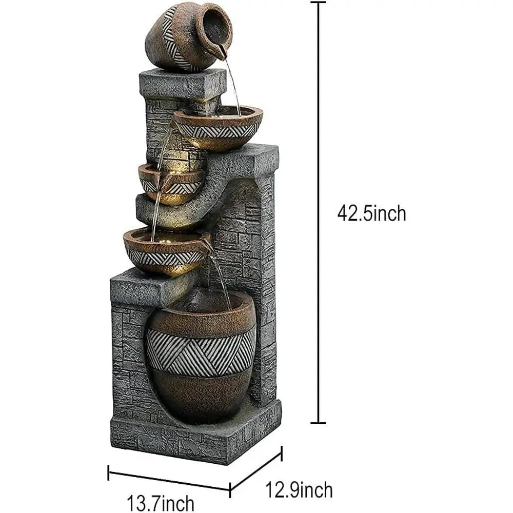 Water Fountain- 5-Tiers Indoor/Outdoor Water Fountain, 42.5 inches, Modern Floor-Standing Cascading Water Feature