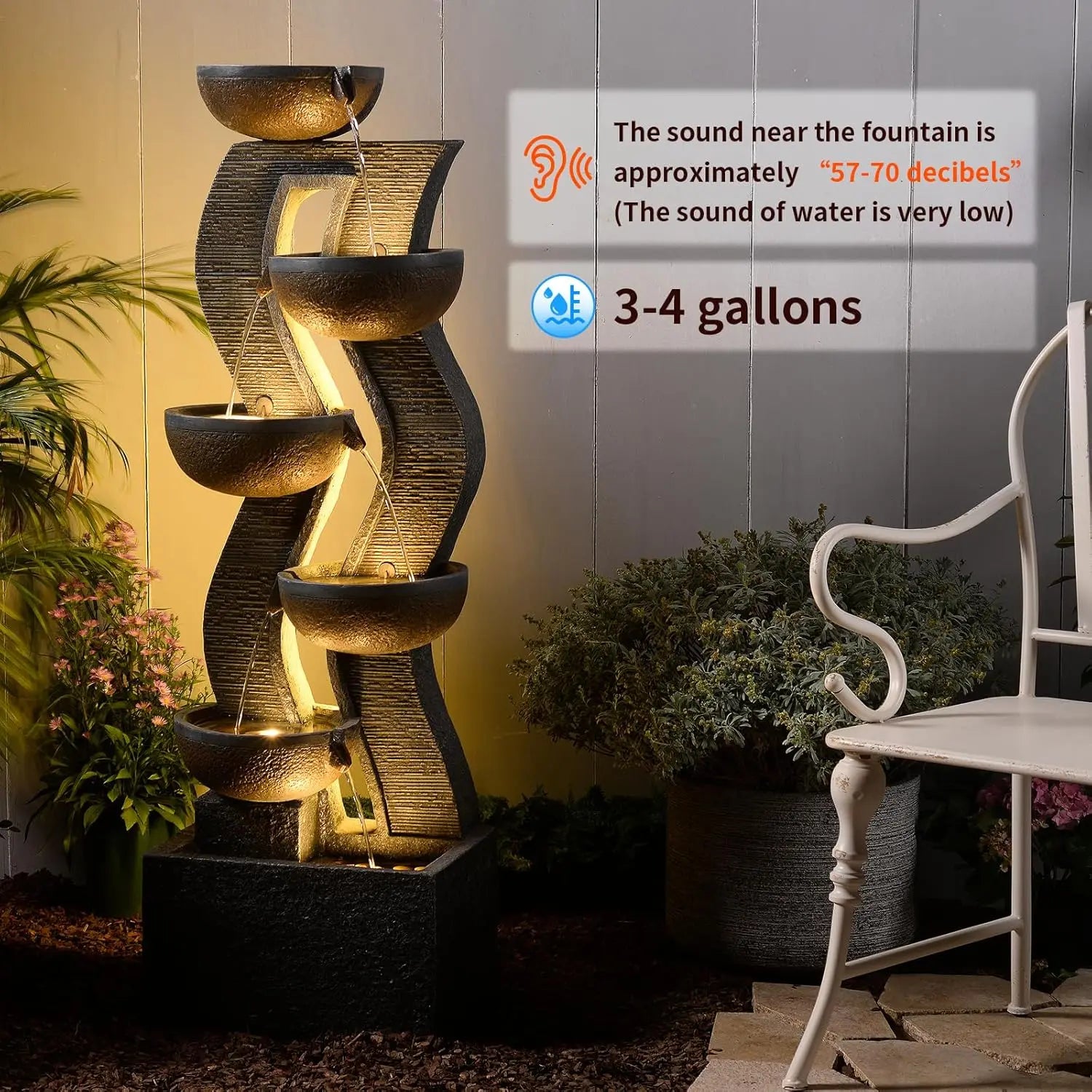 Water Fountain-LEDs Lights, 6-Tier Cascading, Resin, 52.8 in High, Waterfall, Porch, Garden, Yard, Deck, Patio