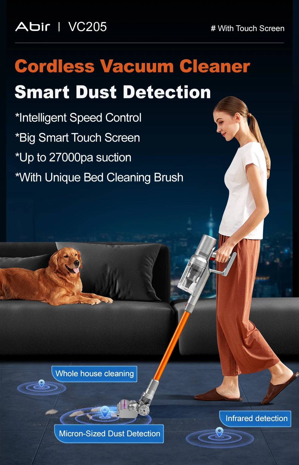 Vacuum Cleaner,Cordless Handheld, 27000PA,Touch Screen,Smart Dust Sensor,Auto Speed Control for Home Bed Carpet Clean