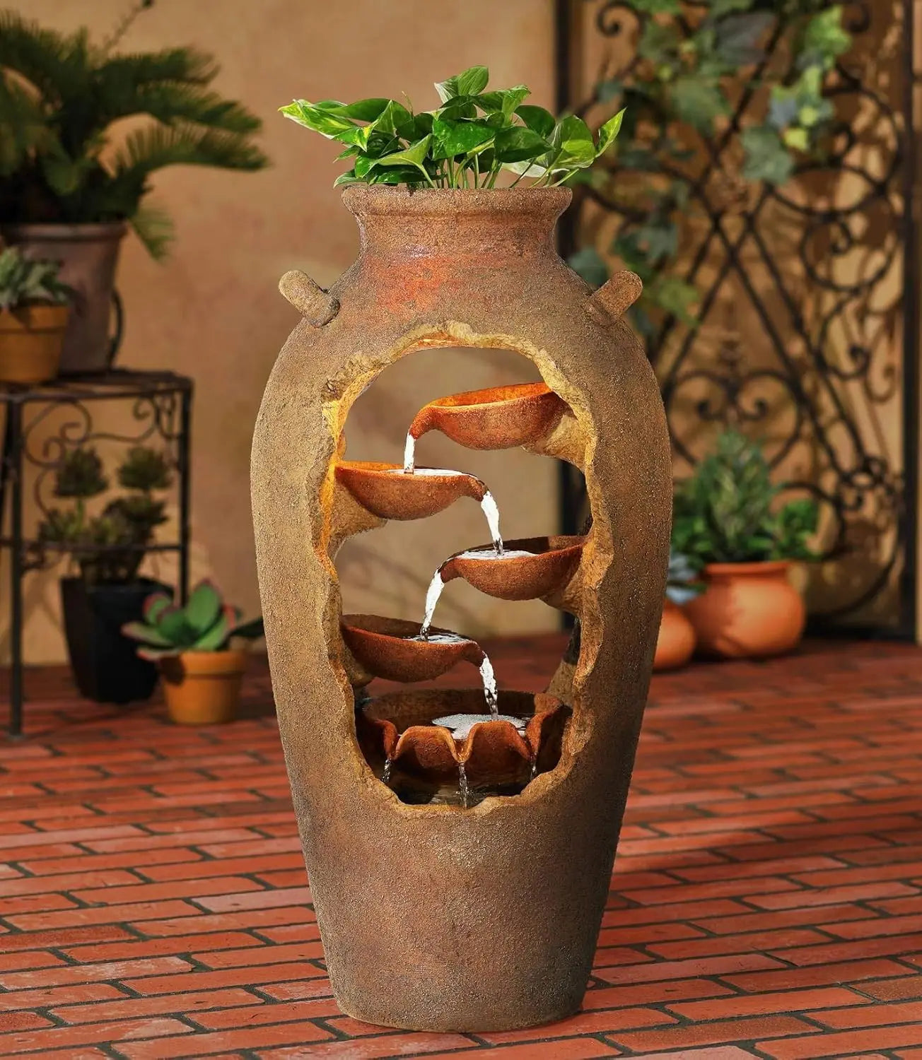 Water Fountain-Cascade Rustic Faux Stone Floor Fountain, Urn Waterfalls Fountain, 33" High with LED Light, Planter Waterfall