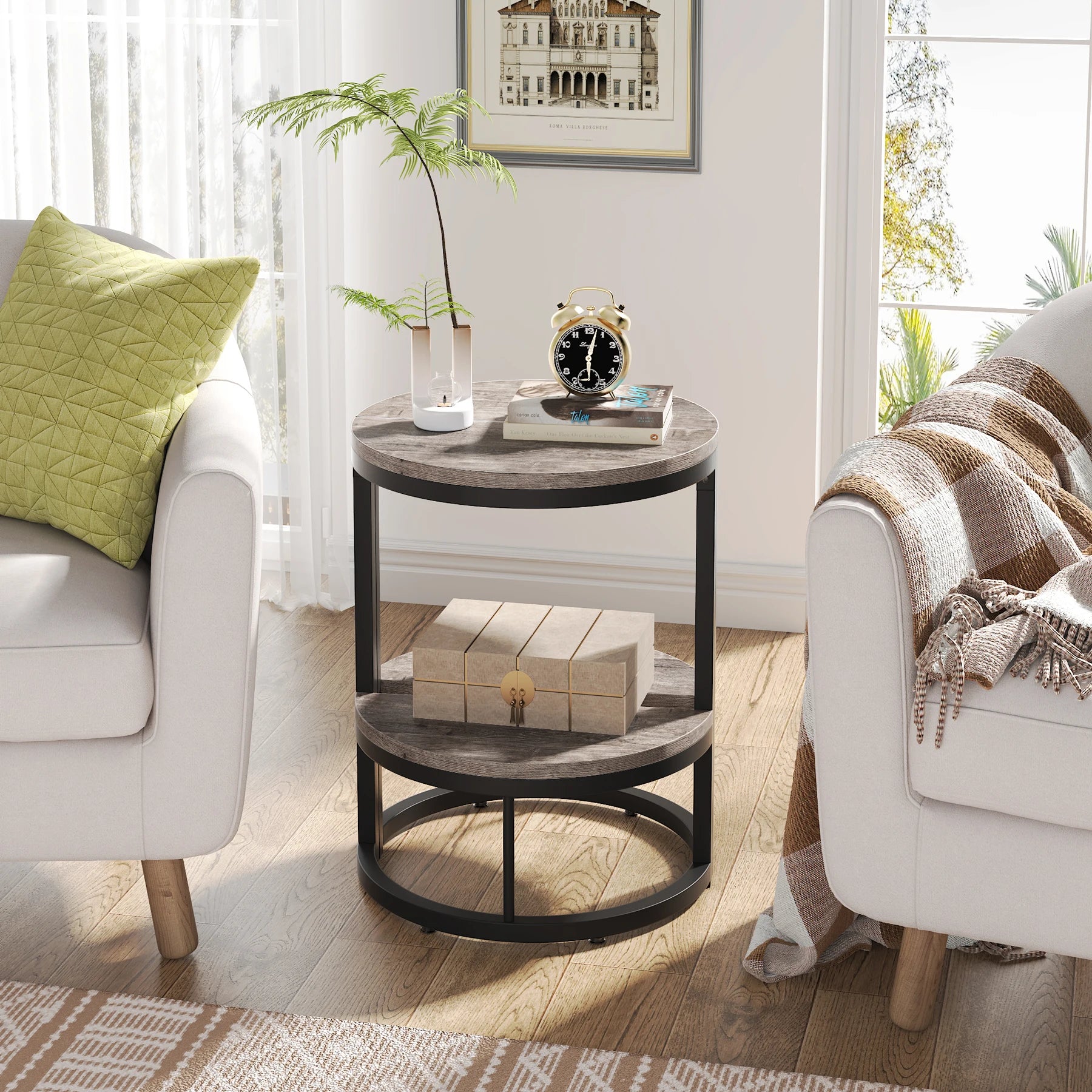 End Table-Semi Circle, Small Half Round, Side Table with Storage Shelf, Accent Table, Slim C Table for Sofa Couch, Tribesigns