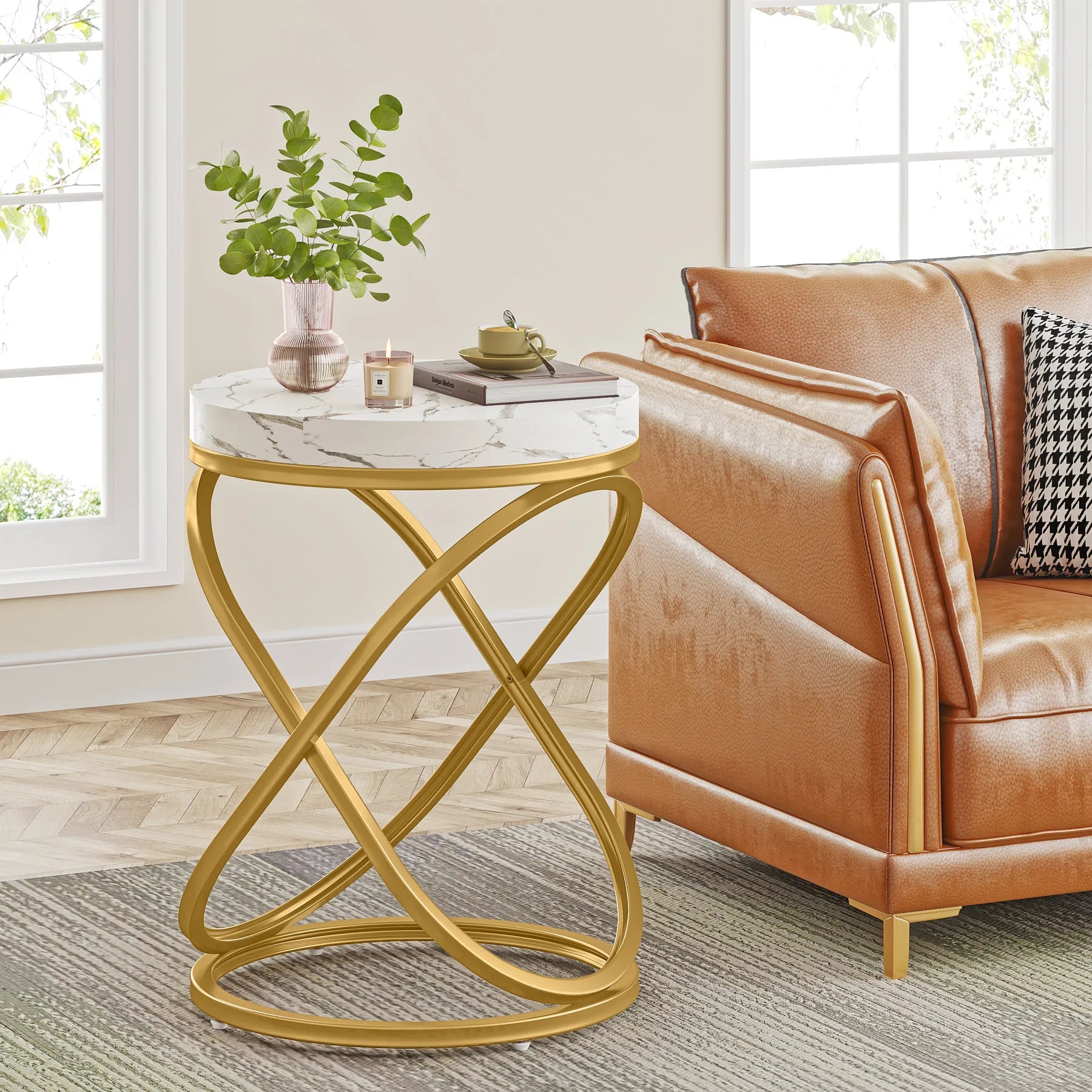Tribesigns 26 Inches White and Gold Faux Marble Top End Tables Living Room, Round Nightstands Sofa Side Table with X-Shaped