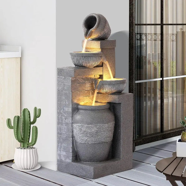 Water Fountain-4 Tiers, 32 inch, Cascading Resin Fountains and Waterfalls with LEDs and Bowls, Modern Floor-Stand, Outdoor/Indoor Garden