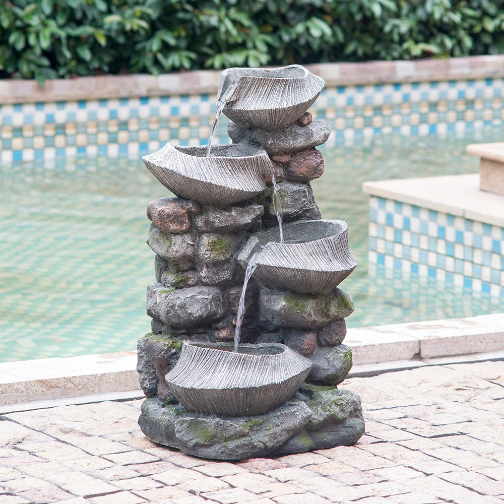 Water Fountain-19x15x31.5" Indoor Outdoor Stone Water Fountain, 4-Tier Polyresin Cascading Rock Bowl Fountain, Freestanding Fountain with LED Ligh