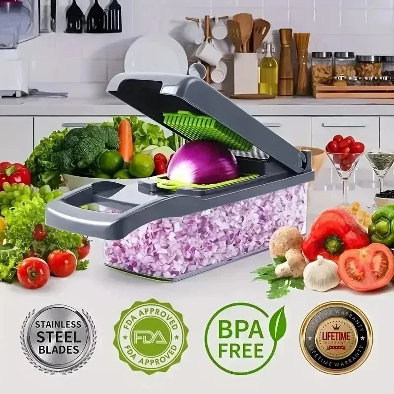Kitchen-Multifunctional Vegetable Chopper & Slicer 14/16-in-1 with Basket – Shredder & Grinder for Fruits & Veggies