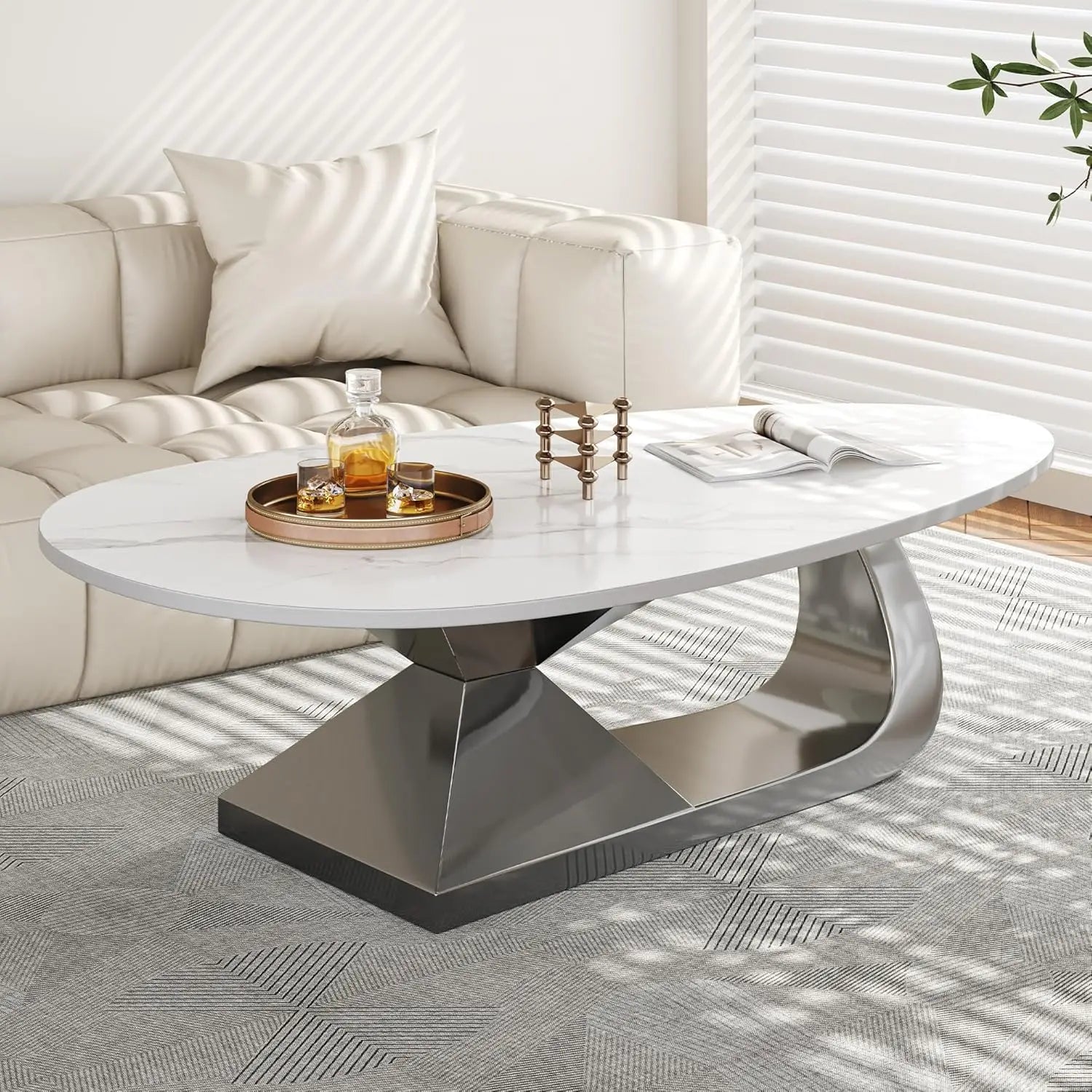 Coffee Table-Modern with Silver Stainless Steel Pedestal, Oval, Living Room Table, with Faux Marble Top, & Luxury, Customized