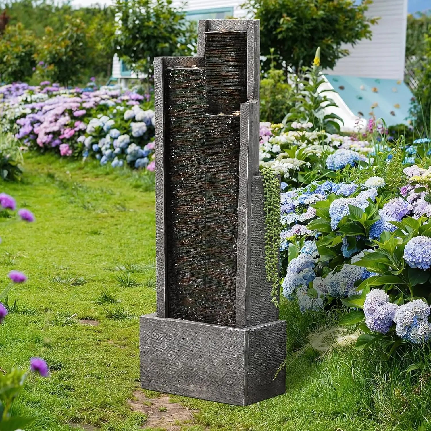 Water Fountain-49.6" H Garden Fountain Outdoor Modern Cascading Indoor Water Fountain Tall Floor - Standing Fountain with Lights, Customized