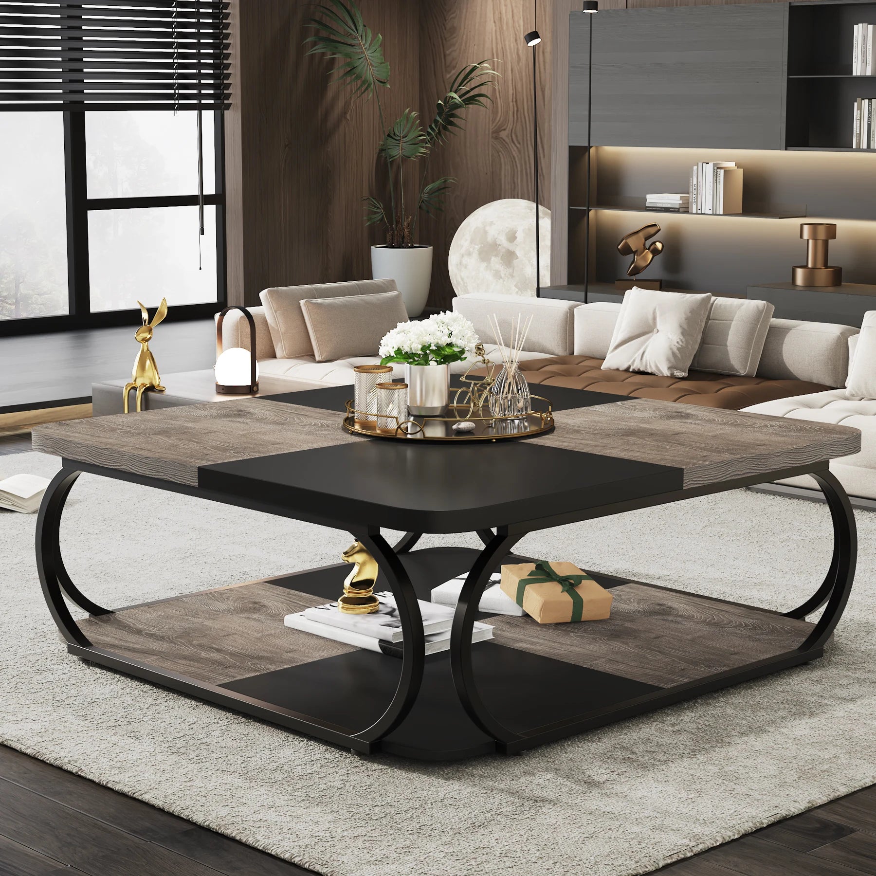 Coffee Table-Tribesigns Square Coffee Table, with 2 Tiers, 40 inches, Low Farmhouse Coffee Table, with Wood Storage Shelf, Heavy Duty Metal Curve