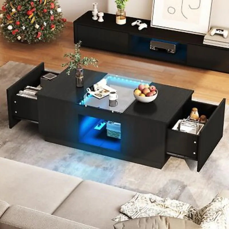 Coffee Table - Modern LED – Rectangle Design with Built-In Charger & Storage Drawers for Living Room