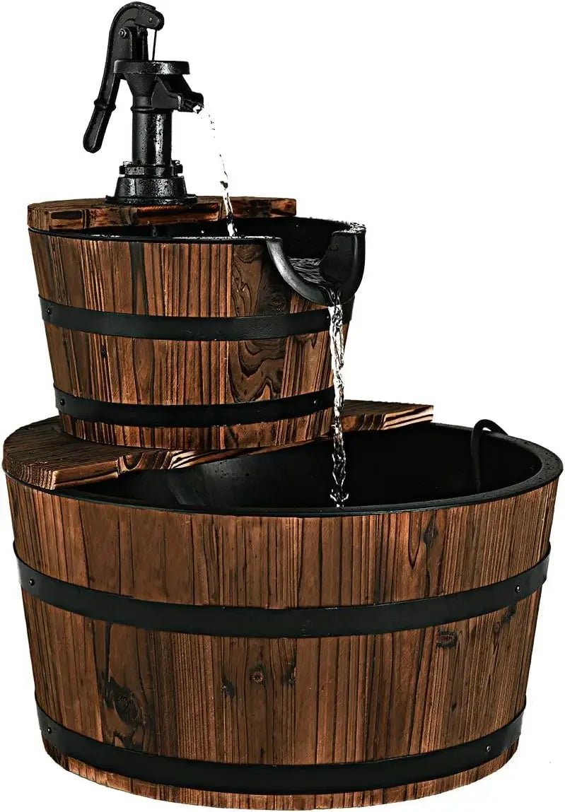 Water Fountain- 2-Tier Barrel Waterfall Fountain, Outdoor, Rustic Wood Barrel, Cascading Water Fountain with Electric Pump, Outdoor Water Feature
