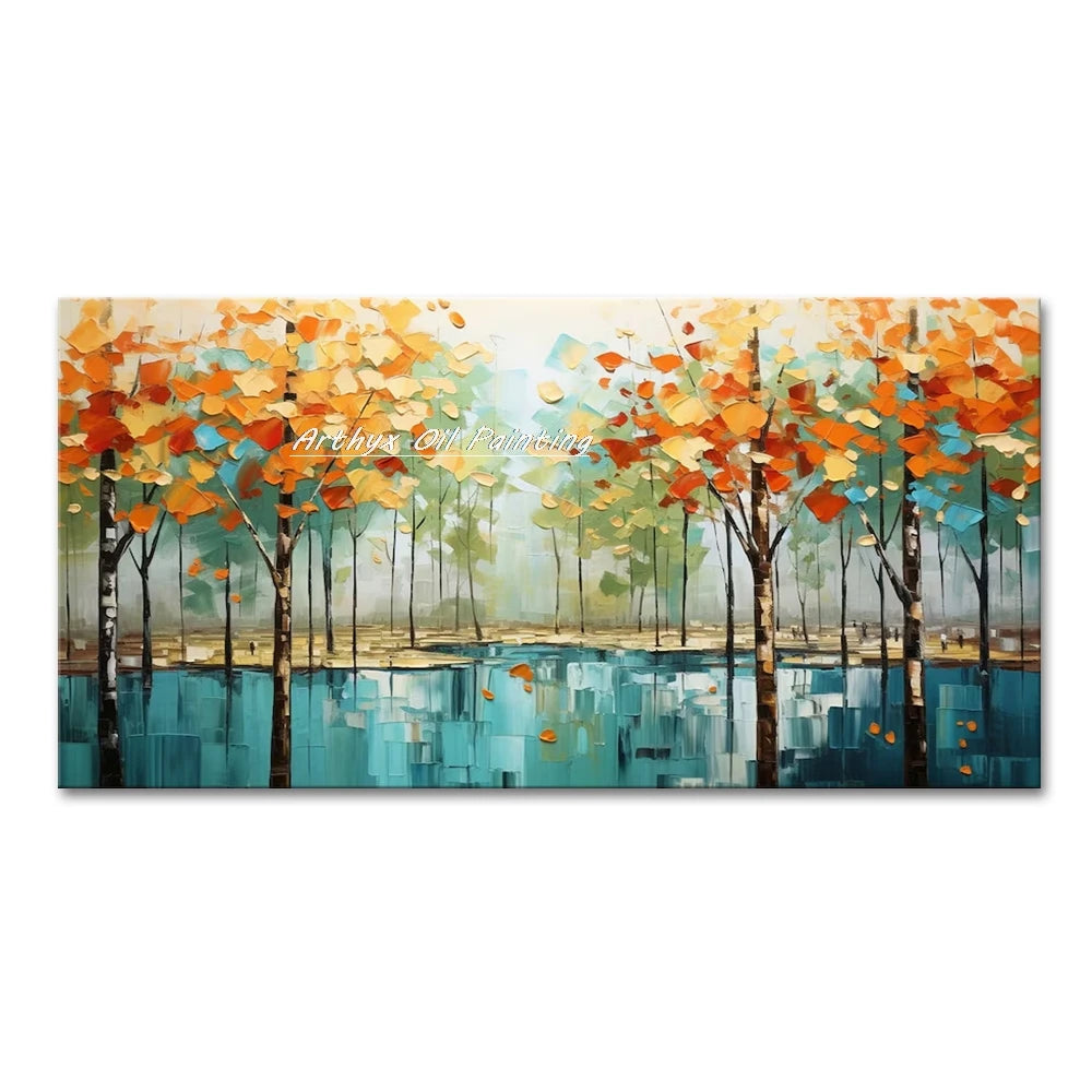 Canvas Art-Hand painted, Palette Knife, Tree, Oil Painting on Canvas, Modern Abstract Landscape Art Poster, Wall Pictures, Home Decor, Arthyx,Large