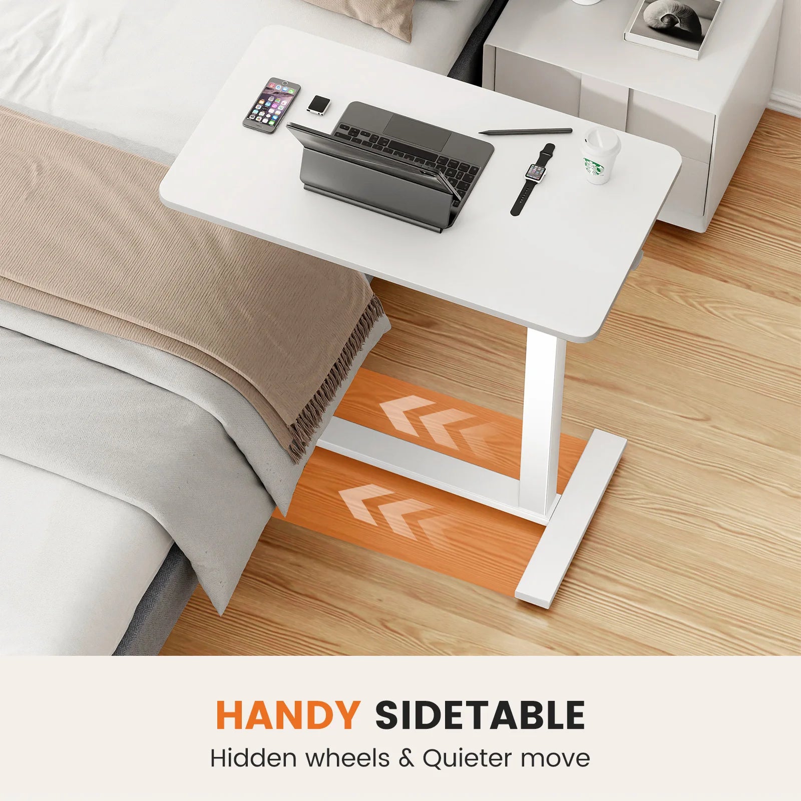 Accent Table-JHK Overbed Bedside Sofa Table with Hidden Wheels Adjustable Height Home Use Bed Table Laptop Mobile Standing Desk For Bedroom