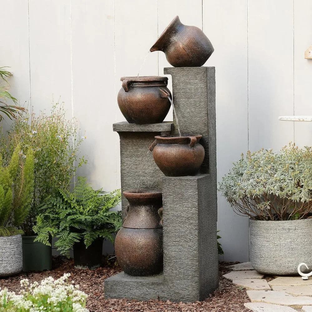 Modern Cascading Garden Fountain 53" – Four-Tier Waterfall Crocks with Warm Glow Lighting for Outdoor Decor
