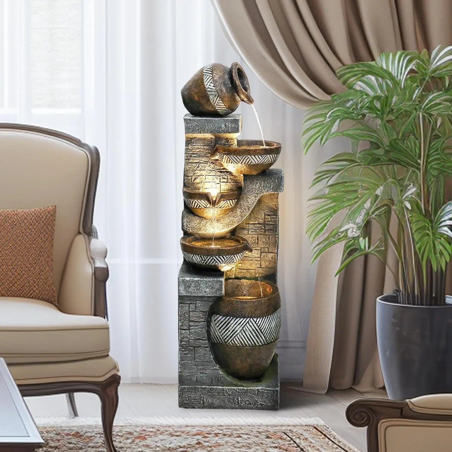 Water Fountain-LED Lights, 5 Tiers, Indoor/Outdoor, Garden, 42.5 in, Modern Floor-Standing, Cascading, Water Feature, Suitable for Deck
