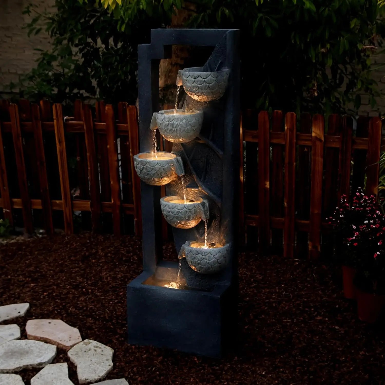 Water Fountain-LED lights, 6 Tier Waterfall, Floor Standing, Indoor/Outdoor, Bowl Stone