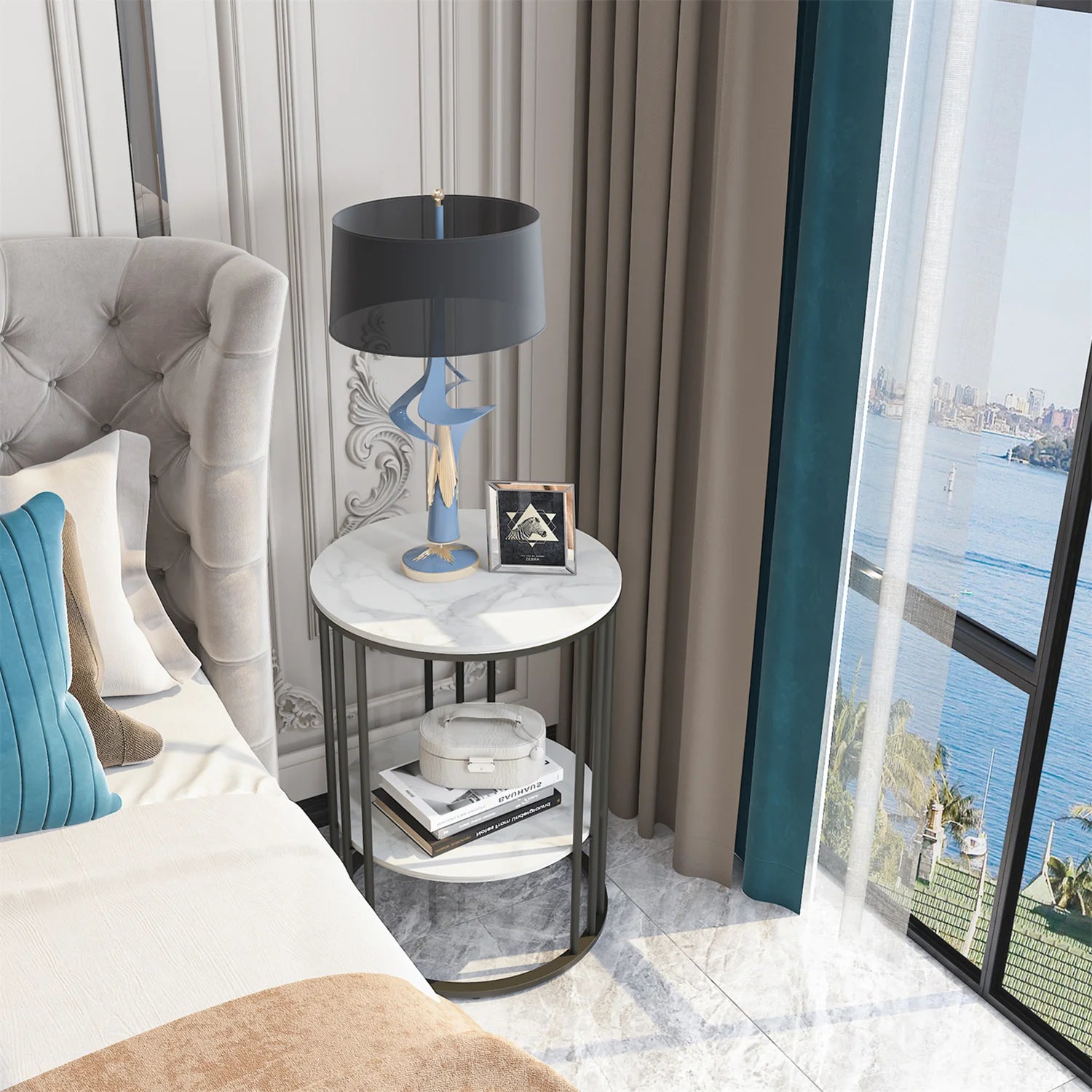 Accent Table- 2 Tier Sintered Stone End Table, Round White Sofa Table, Side Table, Small Coffee Table with Black Frame, Bedside Nightstand
