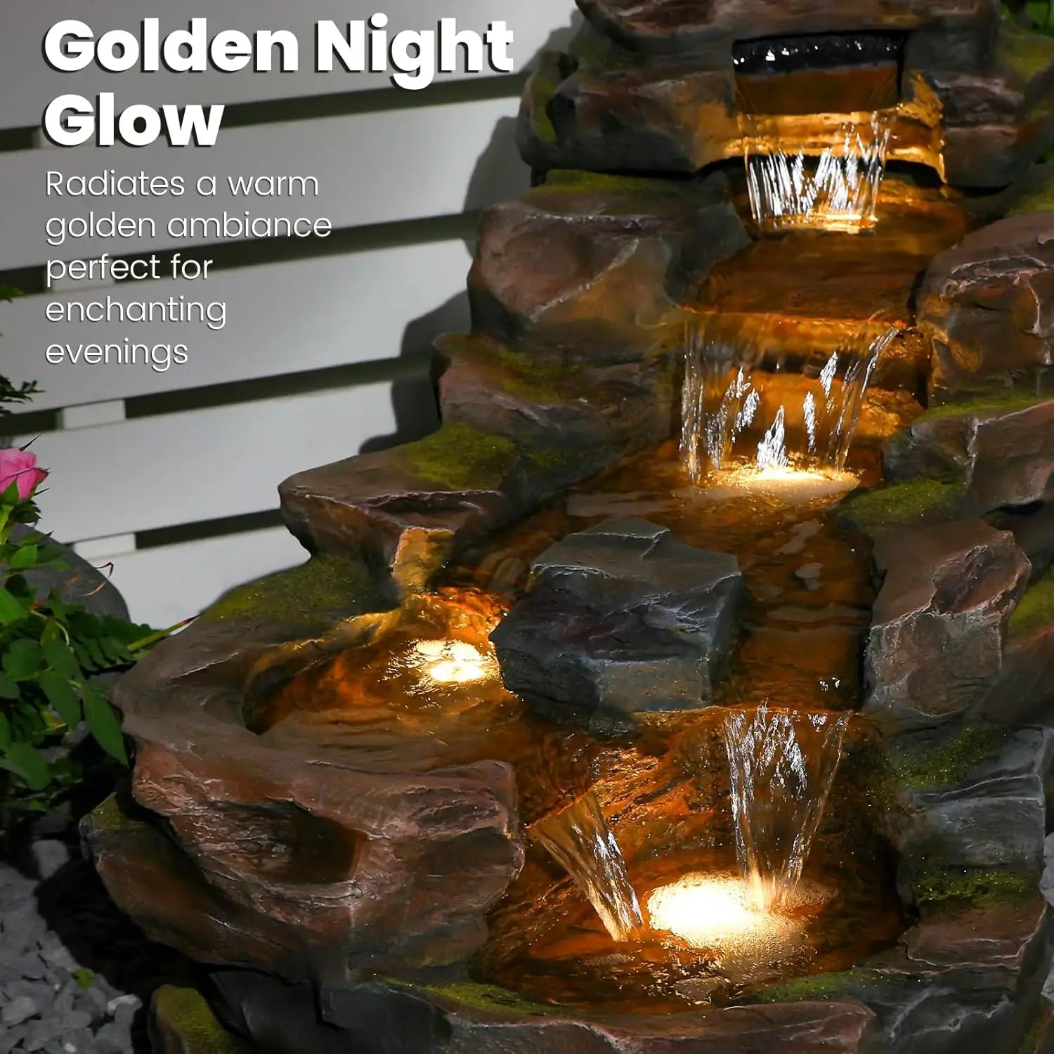 Water Fountain-LED Lights, Outdoor, Floor Standing, 5-Tiers, Rock Natural, Waterfall, Garden