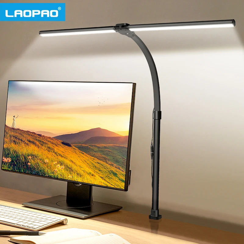 LED Desk Lamp-LAOPAO Double Head LED Desk Lamp Architect Desk Lamps, 24W Brightest, 5 Color Modes, 5 Dimmable, Eye Protection lamp