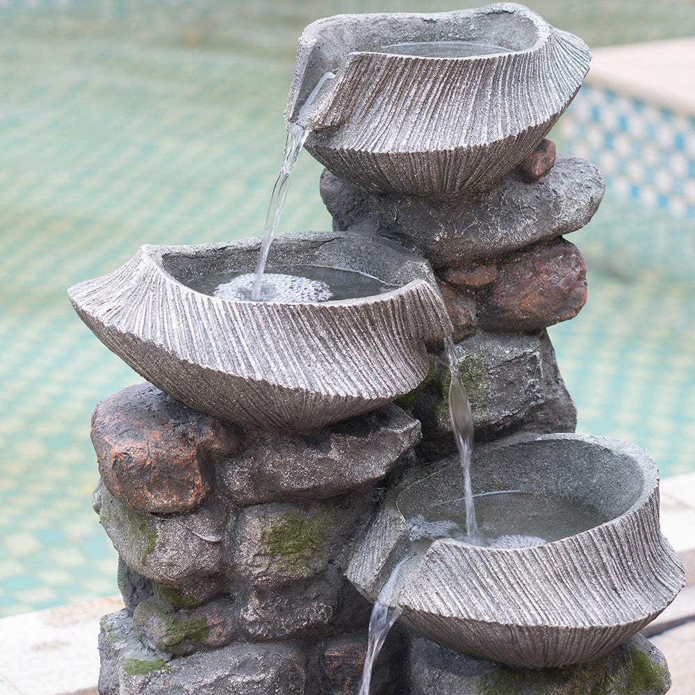 Water Fountain-19x15x31.5" Indoor Outdoor Stone Water Fountain, 4-Tier Polyresin Cascading Rock Bowl Fountain, Freestanding Fountain with LED Ligh