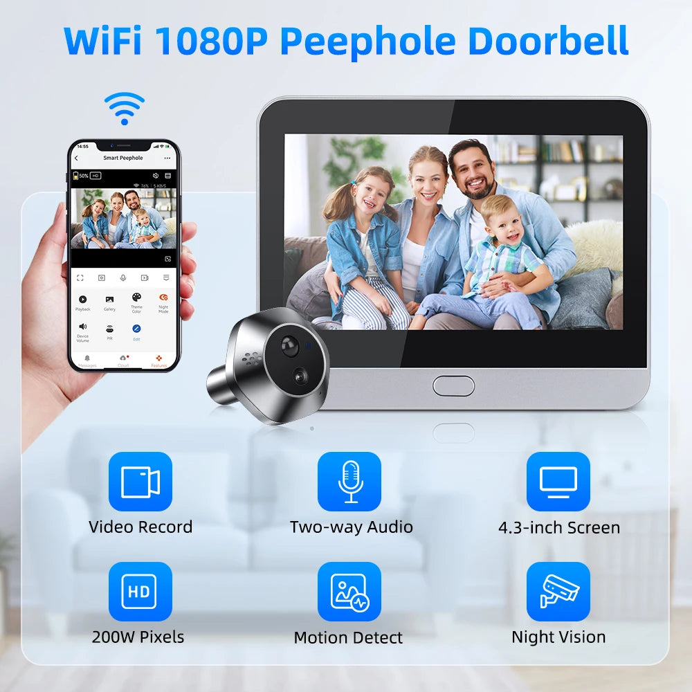 Awapow 4.3" Tuya Smart Doorbell Camera – WiFi Peephole Viewer with PIR Motion Detection & Two-Way Audio
