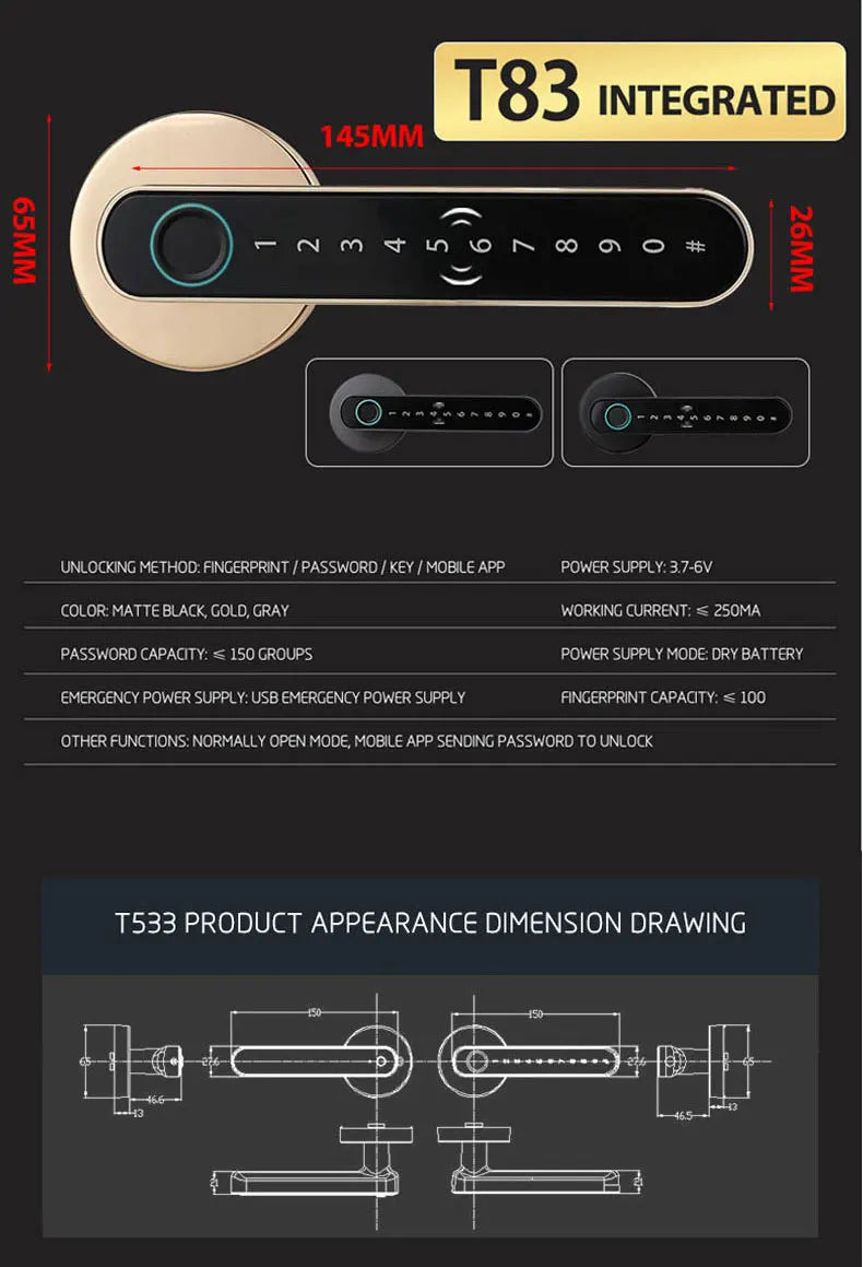 Smart Fingerprint Door Lock Handle – Keyless Entry with Keypad, Key Card & Backup Key for Home or Apartment