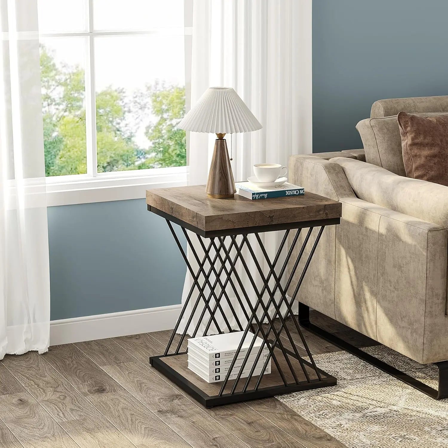 Accent Table-Square End Table White Gold 2-Tier Side Table Modern Small Bedside Table with Storage for Couch, Sofa Side Table, Customized