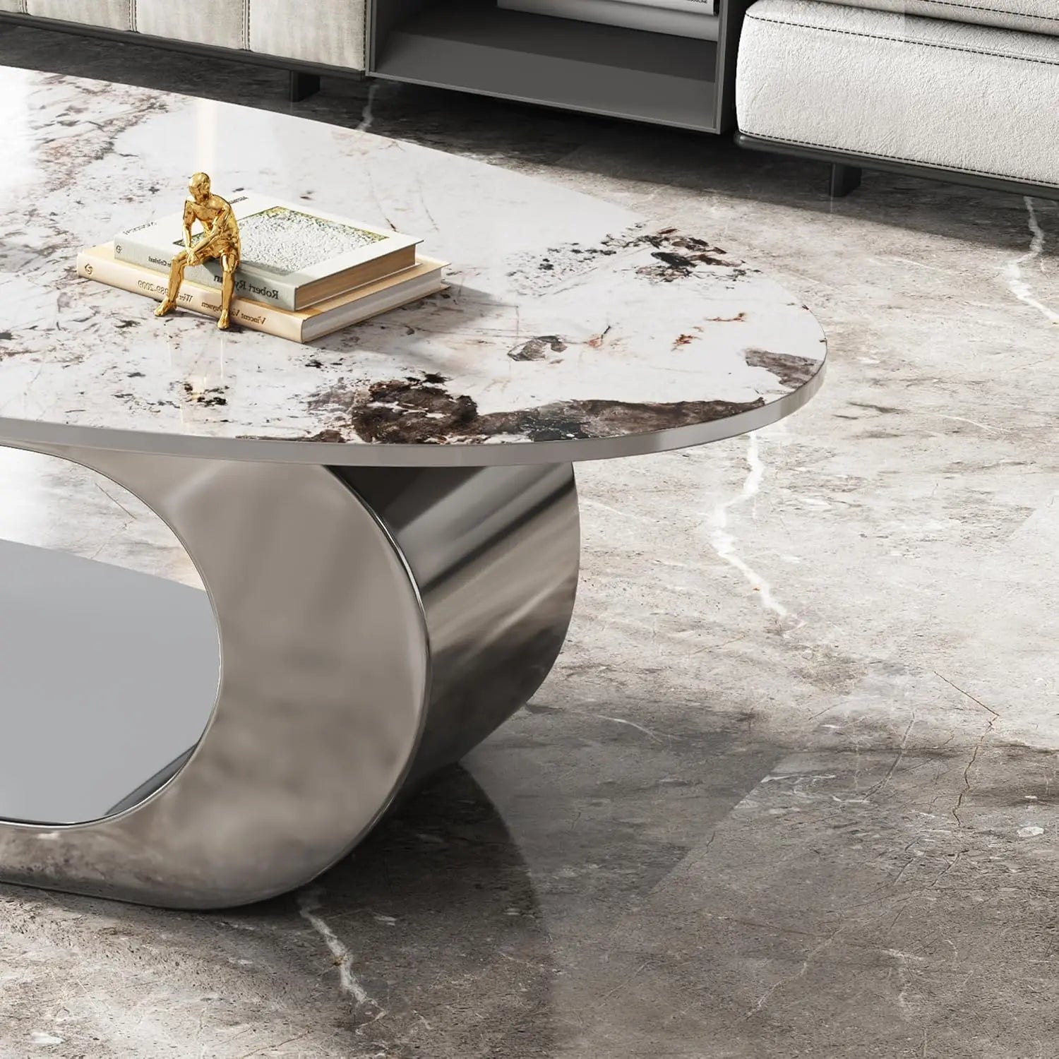 Coffee Table-Modern with Silver Stainless Steel Pedestal, Oval, Living Room Table, with Faux Marble Top, & Luxury, Customized