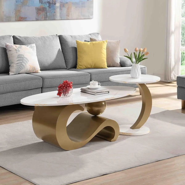 Coffee Table Set-Modern Nesting Oval Coffee Table Set, Faux Marble Top, Gold Metal Base, Living Room, 2pcs, Customized