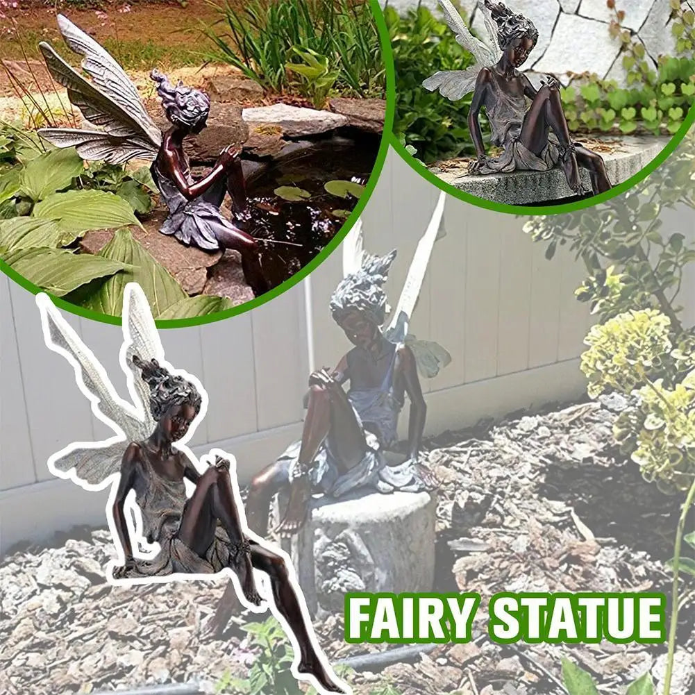 Figurines-Flower Fairy Resin Statue Decoration Outdoor Garden Angel Girl Sitting Figurines Sculpture Landscaping Yard Art Ornament