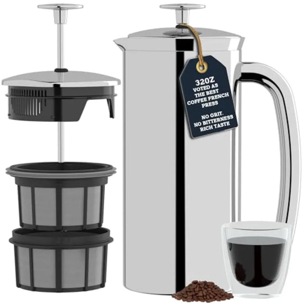 French Press-P7 Polished Stainless Steel, 304 Patented, Double Walled Micro-Filter, Insulated French Press Coffee Maker, Grit-Free