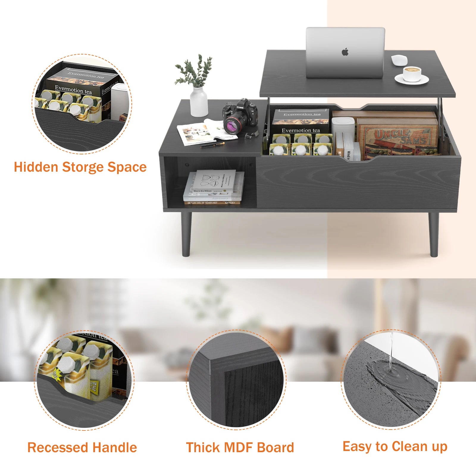 Coffee Table with Adjustable Lift-Top by JHK – Multifunction Tea & Dining Table with Hidden Storage