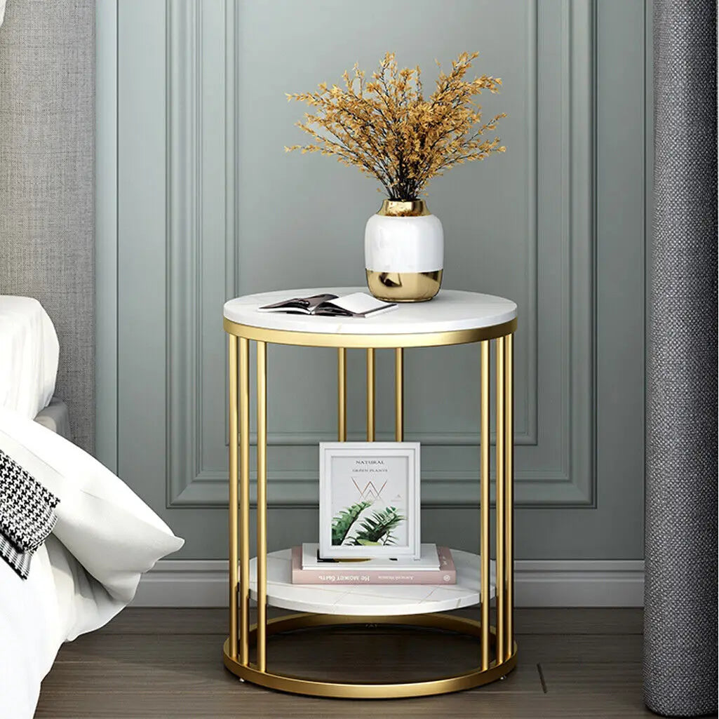 Accent Table- 2-Tier White Marble Side Table, Round Coffee Table, Nightstand, Jewelry Storage